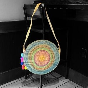 Colorful Large Round Straw Bag with Tassels